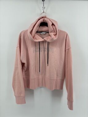 DKNY Sport Women's Pink Cropped Hoodie Silver Logo Fleecy Inside Cozy Sporty